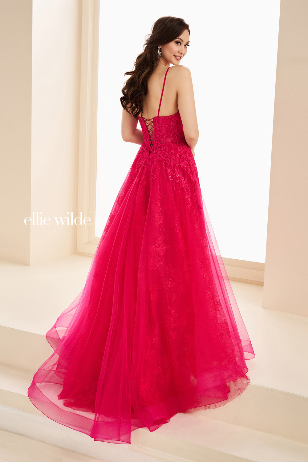 Ellie Wilde EW37210 bright pink, a line silhouette, lace detailing prom dress images.
