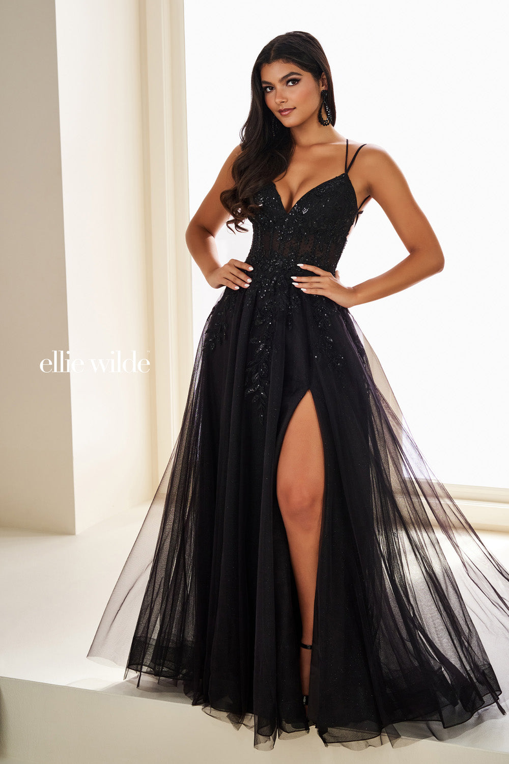 Ellie Wilde EW37212 black, a line silhouette, thigh high slit prom dress images.
