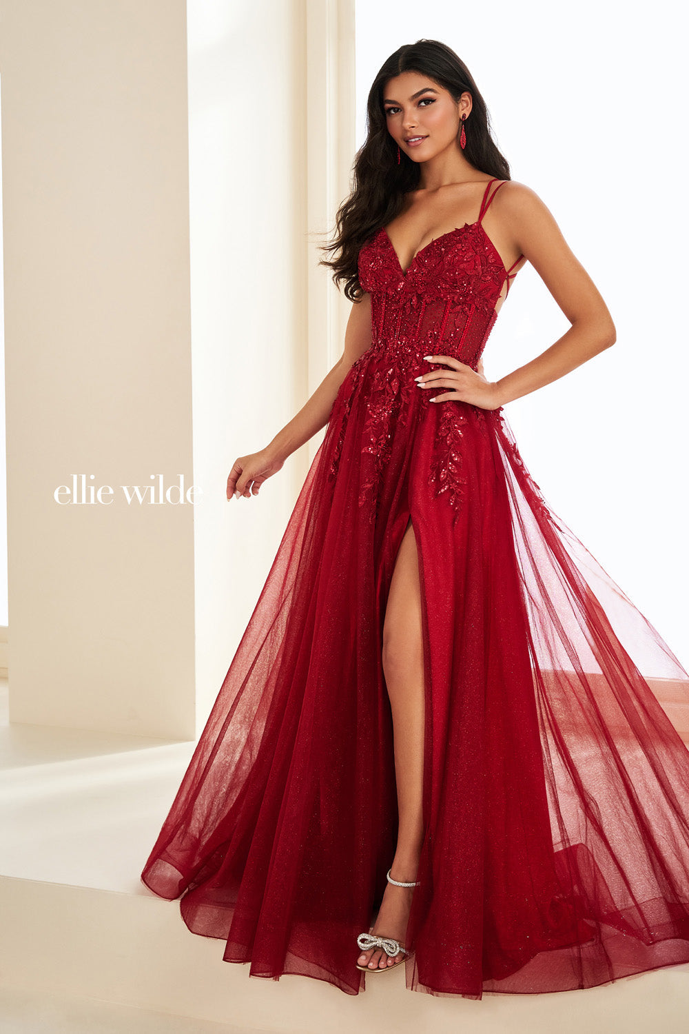 Ellie Wilde EW37212 red, flowing silhouette with a thigh high slit prom dress images.