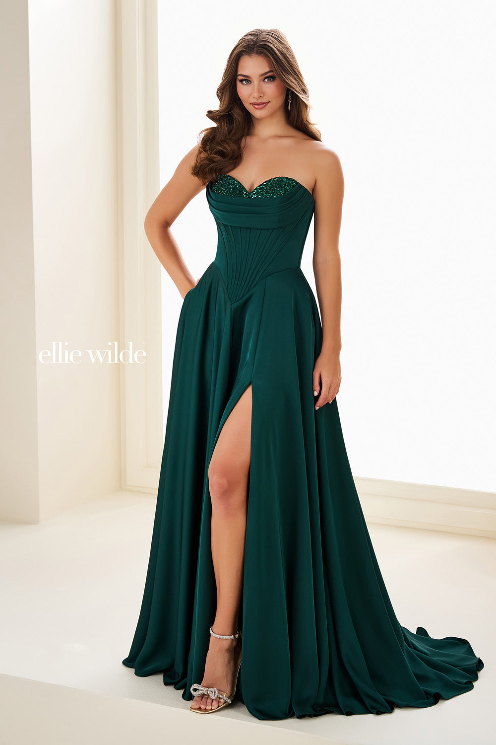 Ellie Wilde EW37213 emerald green, strapless, high slit design prom dress images.