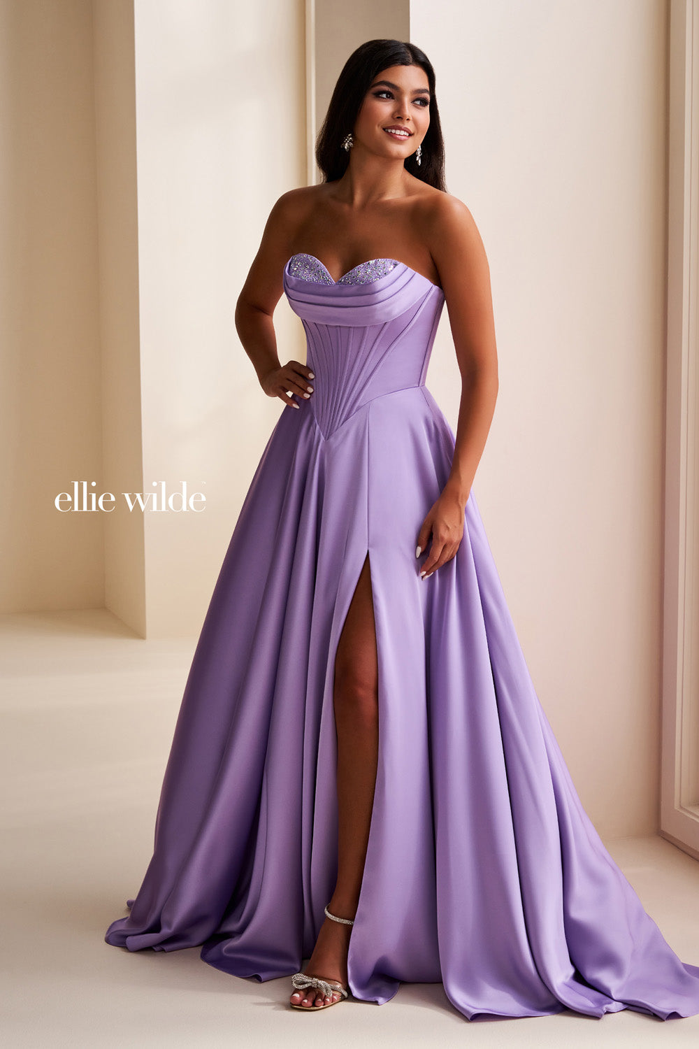 Ellie Wilde EW37213 lavender, a line silhouette, thigh high slit prom dress images.