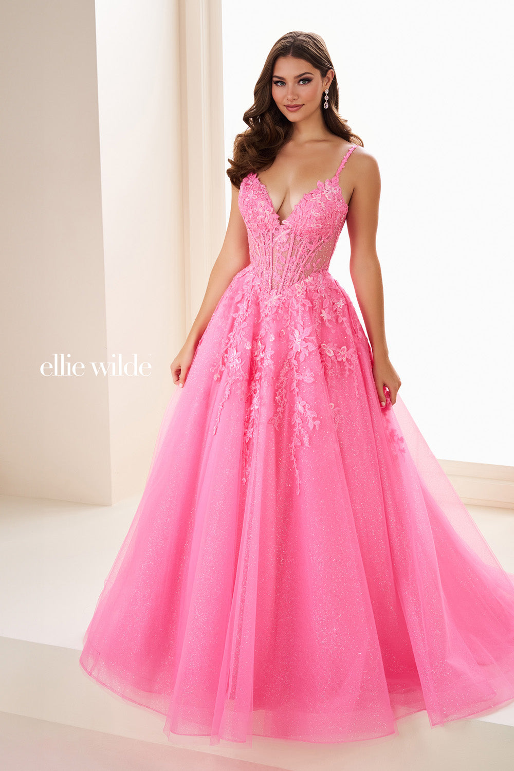 Ellie Wilde EW37218 pink ball gown with floral embellishments and deep neckline prom dress images.