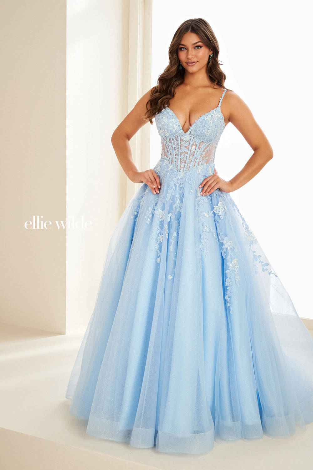 Ellie Wilde EW37218 light blue, ball gown silhouette, floral lace detailing prom dress images.