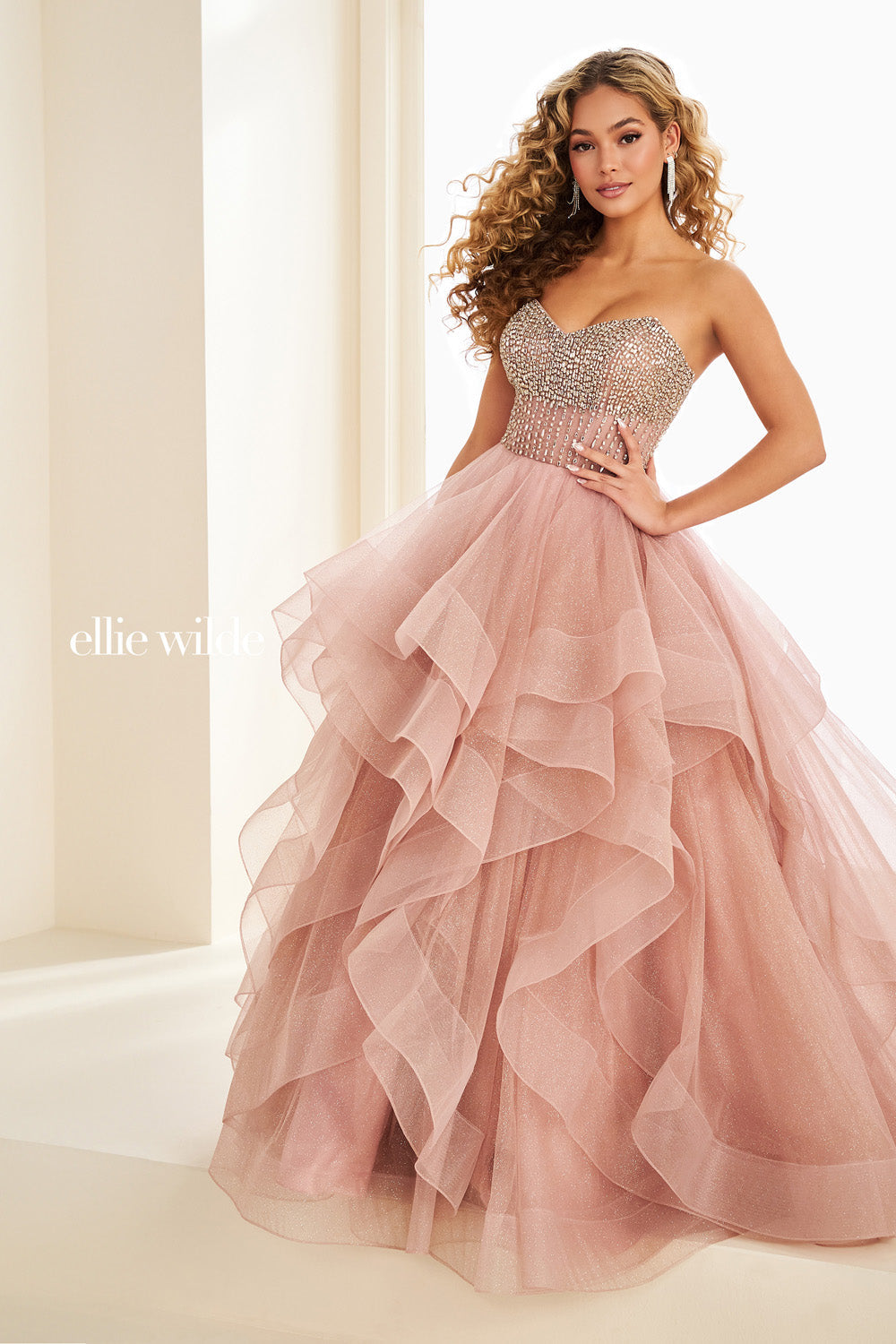 Ellie Wilde EW37221 blush pink, strapless, layered ruffles prom dress images.