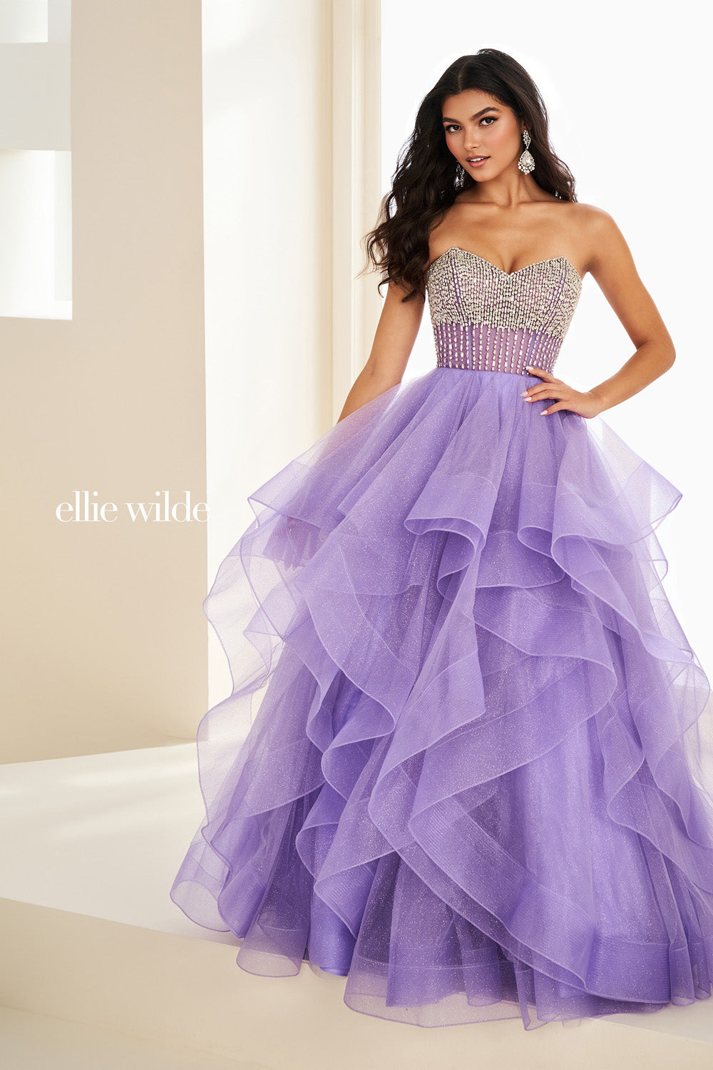 Ellie Wilde EW37221 lavender, strapless, layered tulle skirt prom dress images.
