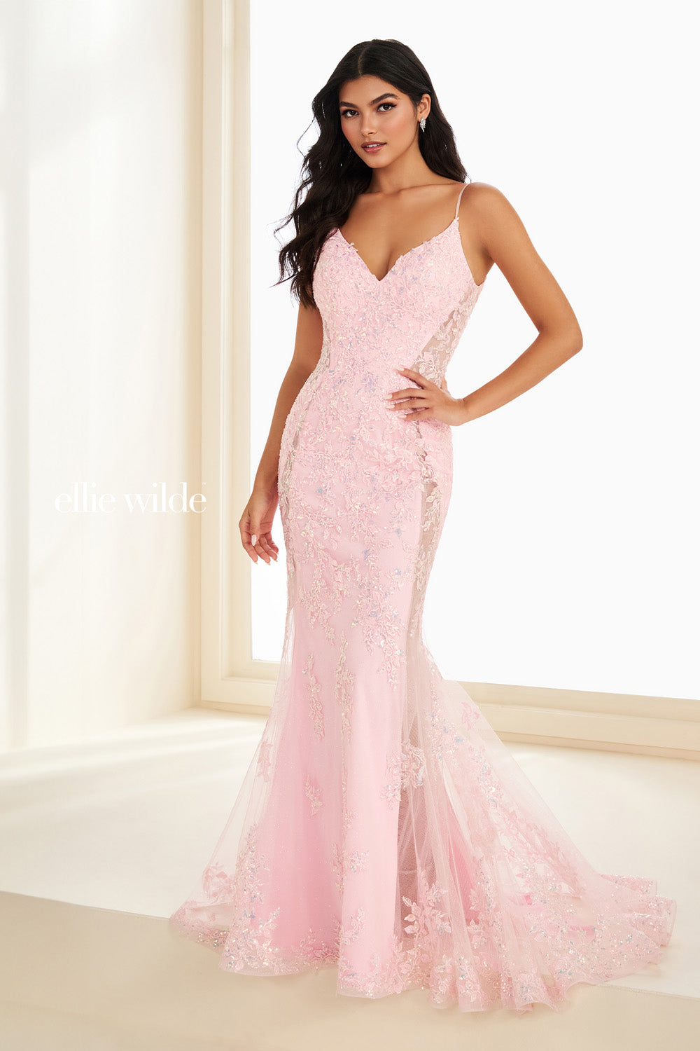 Ellie Wilde EW37222 pink mermaid dress with intricate floral embellishments prom dress images.