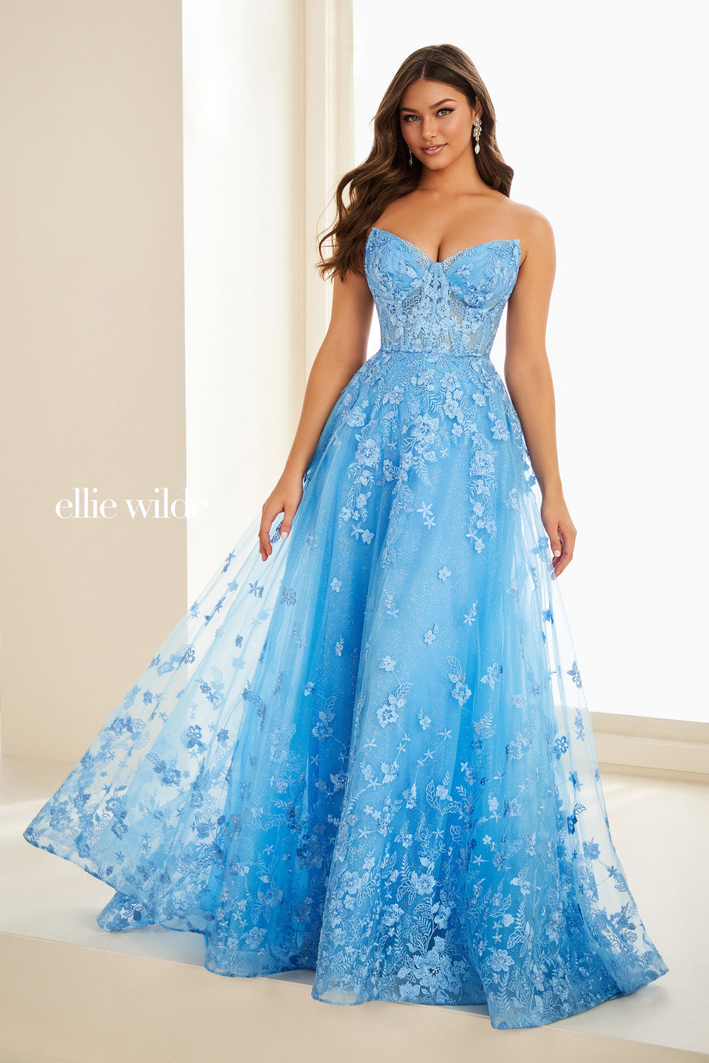 Ellie Wilde EW37225 light blue, a line silhouette, floral lace detailing prom dress images.