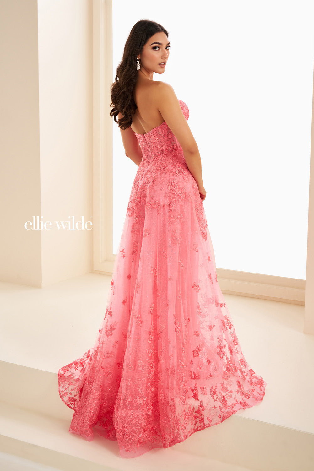 Ellie Wilde EW37225 pink, a line silhouette, floral embroidery detail prom dress images.
