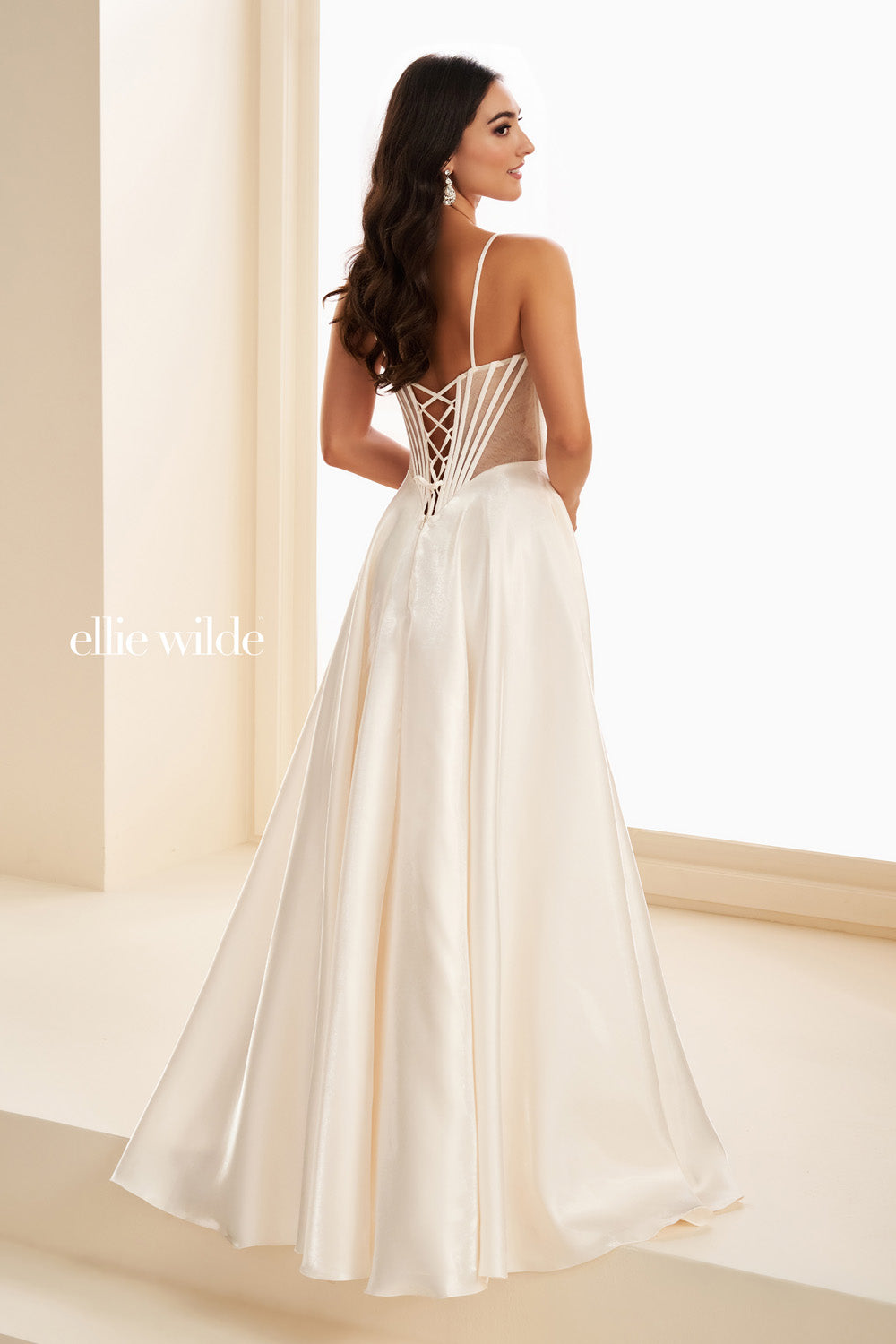 Ellie Wilde EW37226 ivory, a line silhouette, lace up back detail prom dress images.