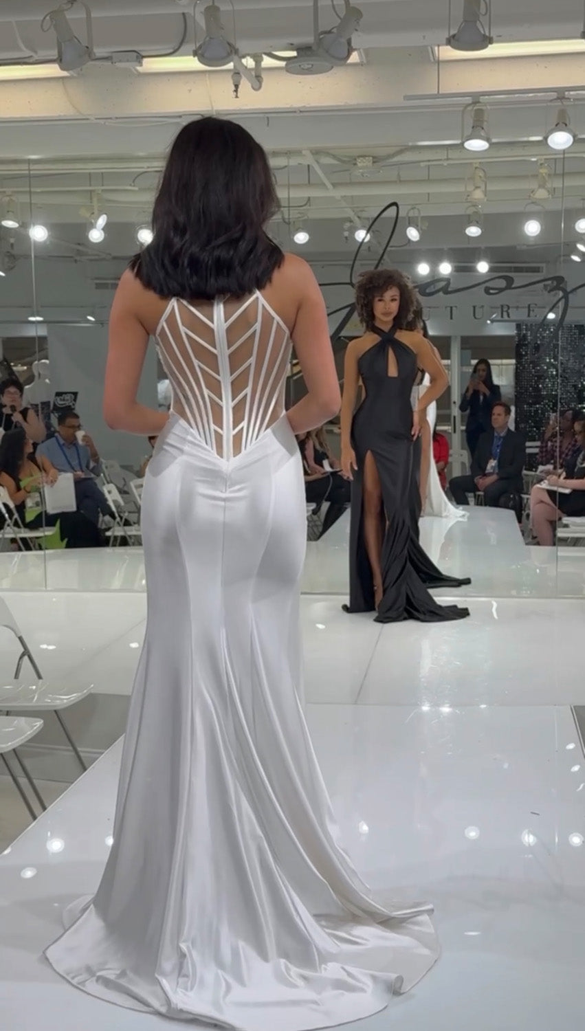 Jasz Couture 7904 White mermaid prom dress with a lace-up back and sleek silhouette, back view.