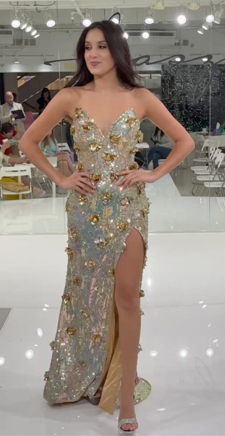 Jasz Couture 7908 Gold mermaid prom dress with sequins and a thigh-high slit, front view.