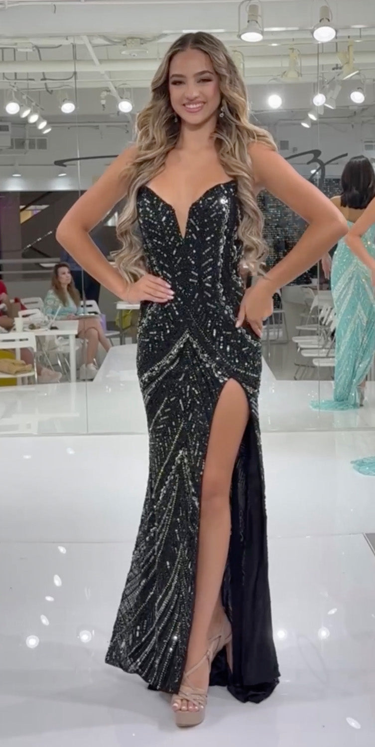 Jasz Couture 7910 Black gunmetal mermaid prom dress with a thigh-high slit and sparkling sequins, front view.