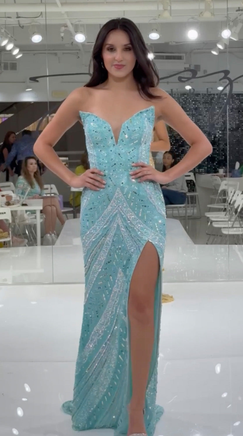 Jasz Couture 7910 Mint prom dress with a fitted silhouette and a thigh-high slit, front view.