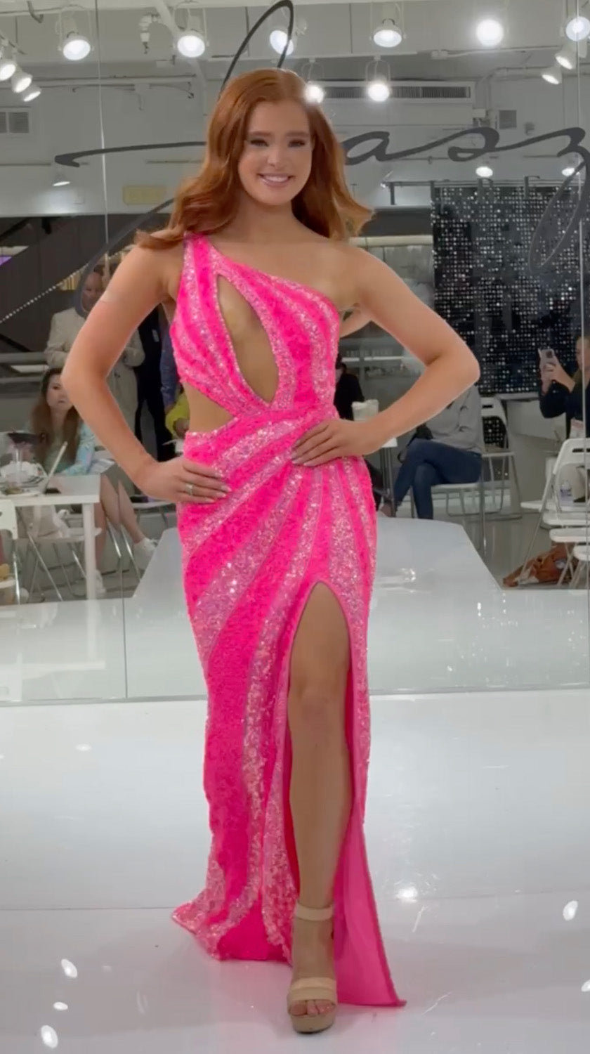 Jasz Couture 7929 Hot pink mermaid prom dress with a daring side slit and sparkling sequins, front view.