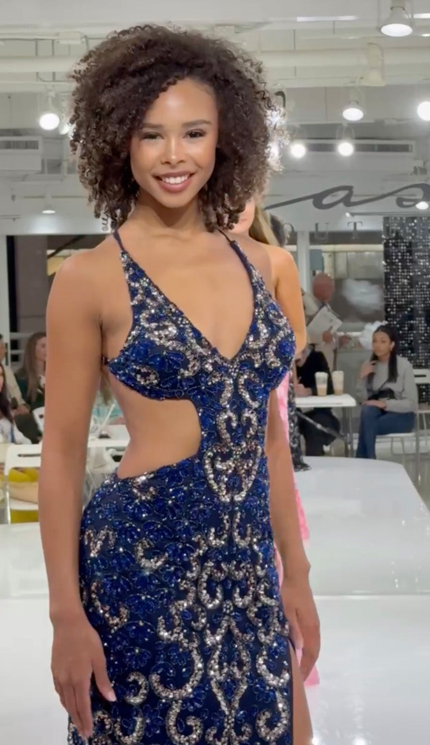 Jasz Couture 7936 Navy sequined prom dress with a fitted silhouette and side cutouts, front view.