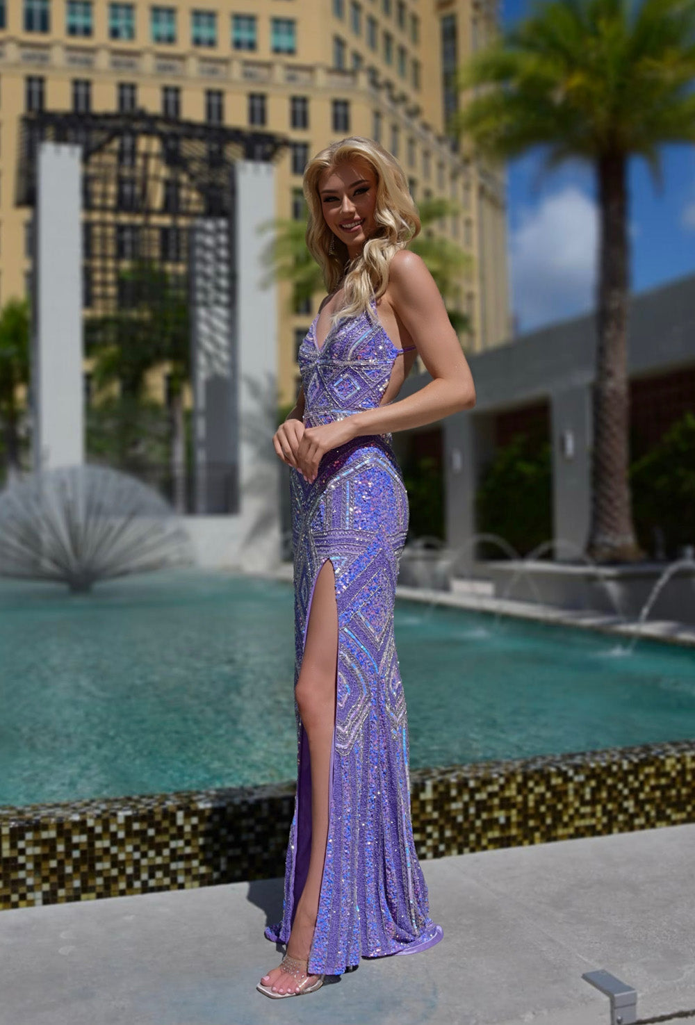 Jasz Couture 7950 Lilac mermaid prom dress with a high slit and intricate sequin detailing.