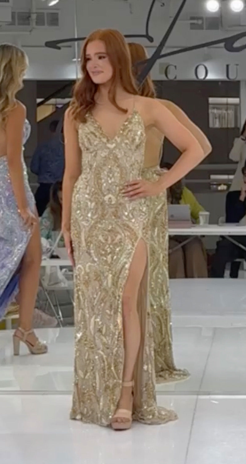 Jasz Couture 7951 Gold mermaid prom dress with a thigh-high slit and intricate beading, front view.