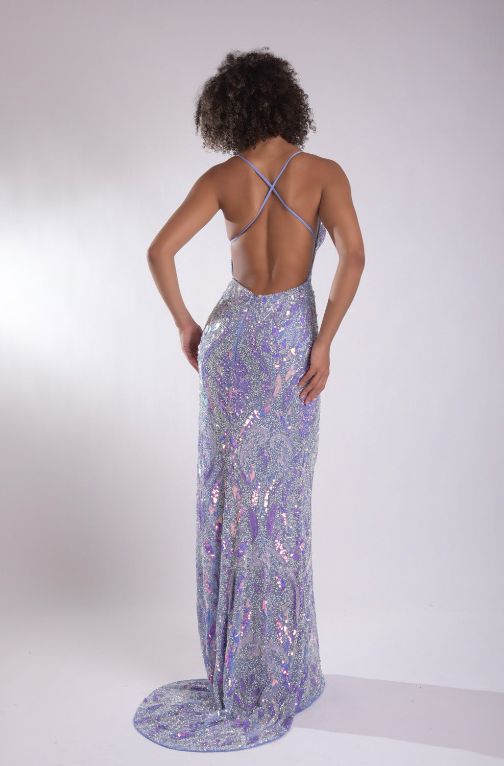 Jasz Couture 7951 Periwinkle mermaid prom dress with a stunning lace-up back and sequined detailing.