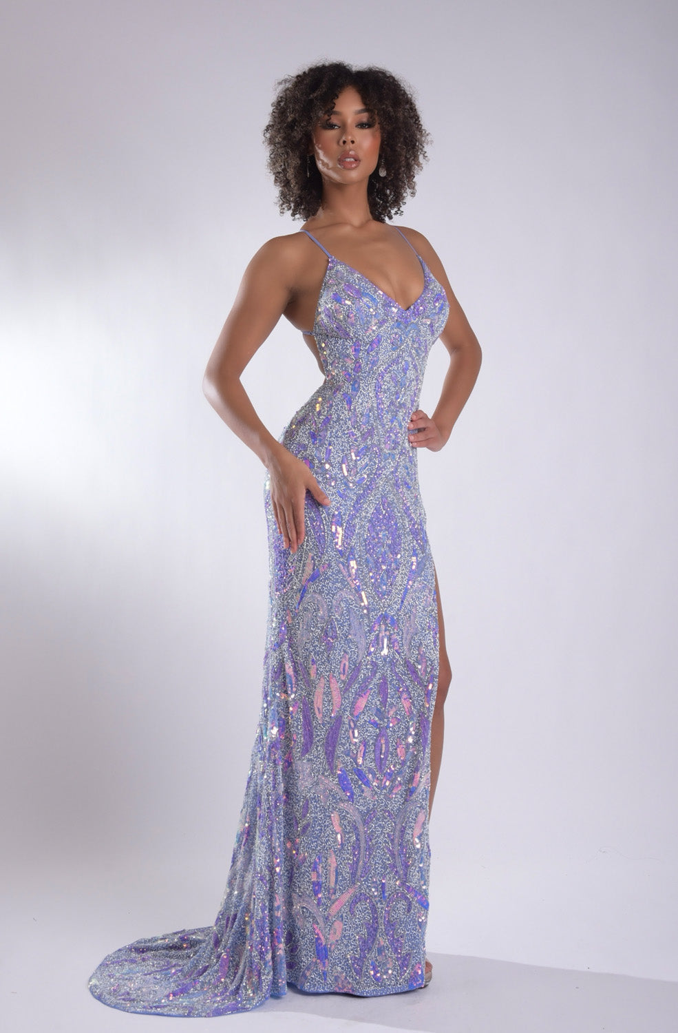 Jasz Couture 7951 Periwinkle mermaid prom dress with a thigh-high slit and sparkling sequins.