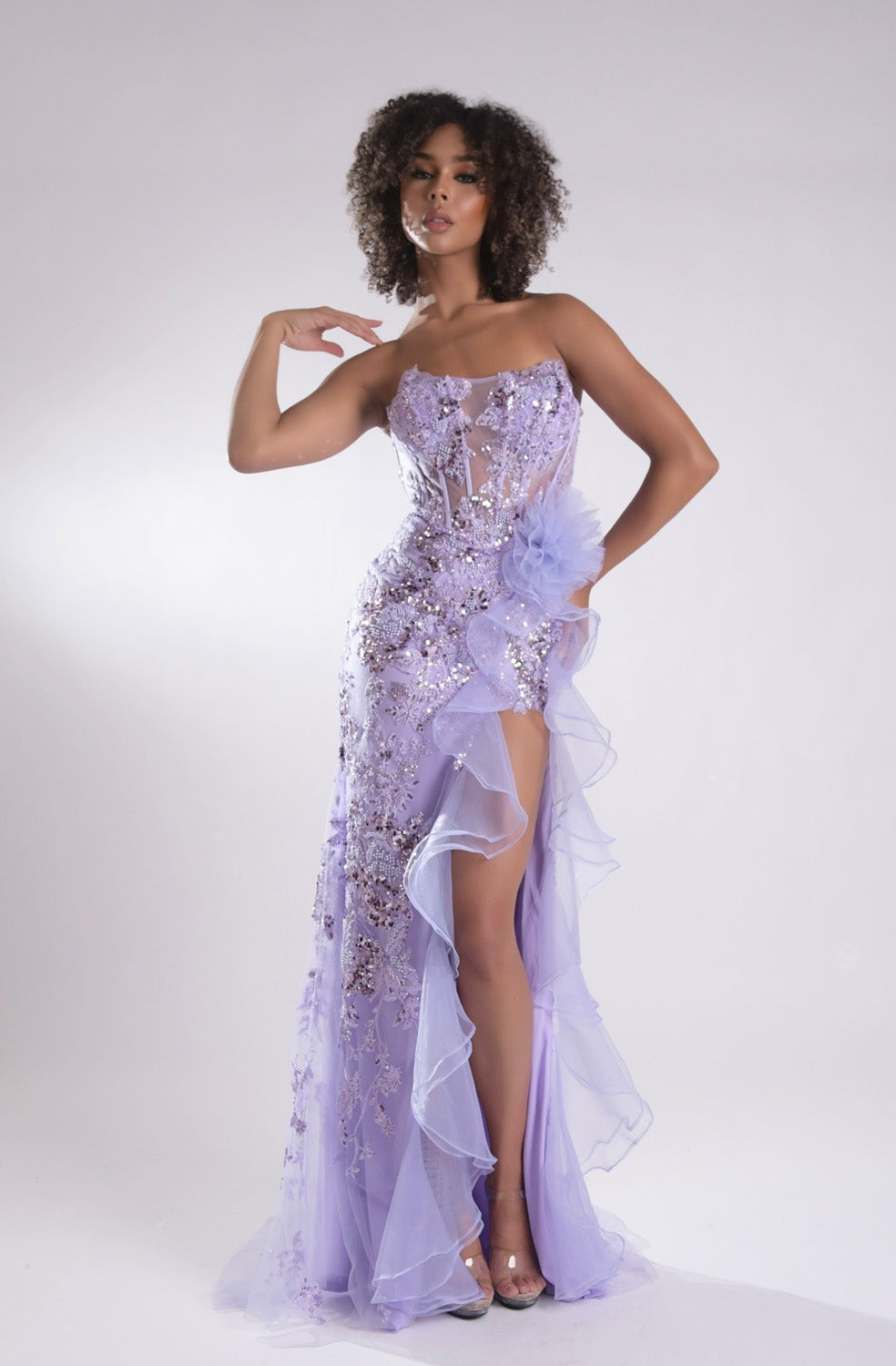 Jasz Couture 7960 Lilac mermaid prom dress with a thigh-high slit and intricate beading, front view.
