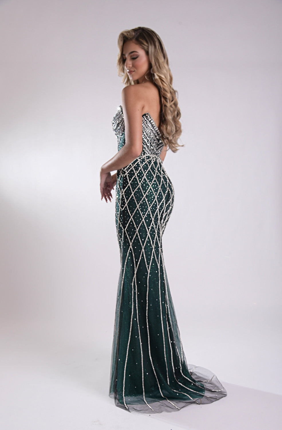 Jasz Couture 7962 Emerald satin mermaid prom dress with beaded detailing, back view.