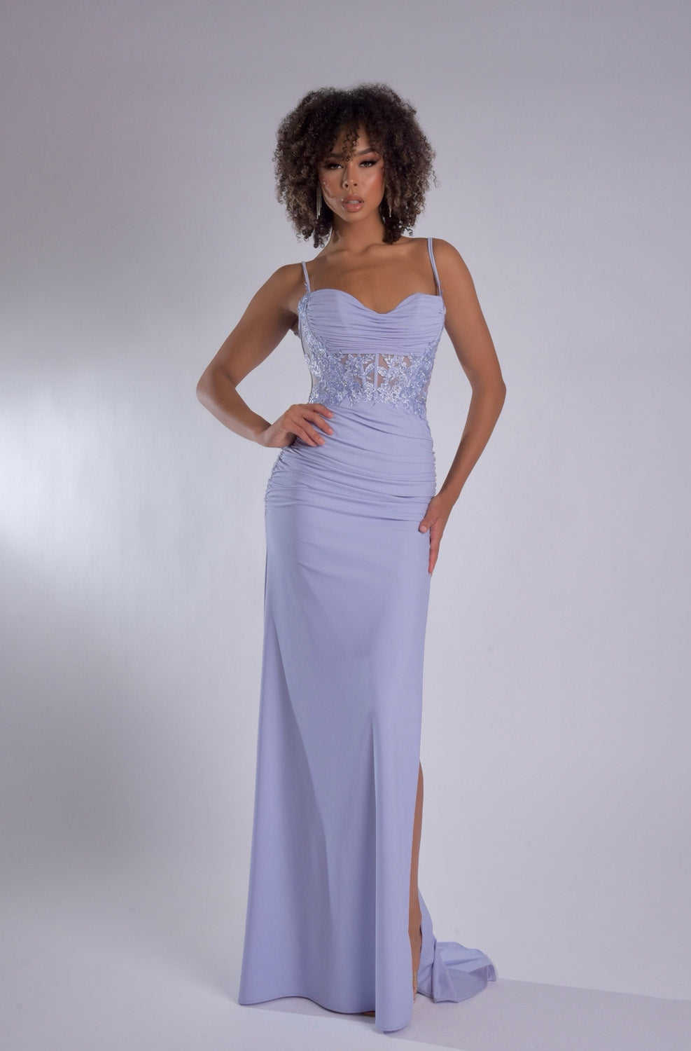 Jasz Couture 7987 Lilac prom dress with fitted silhouette and elegant side slit.