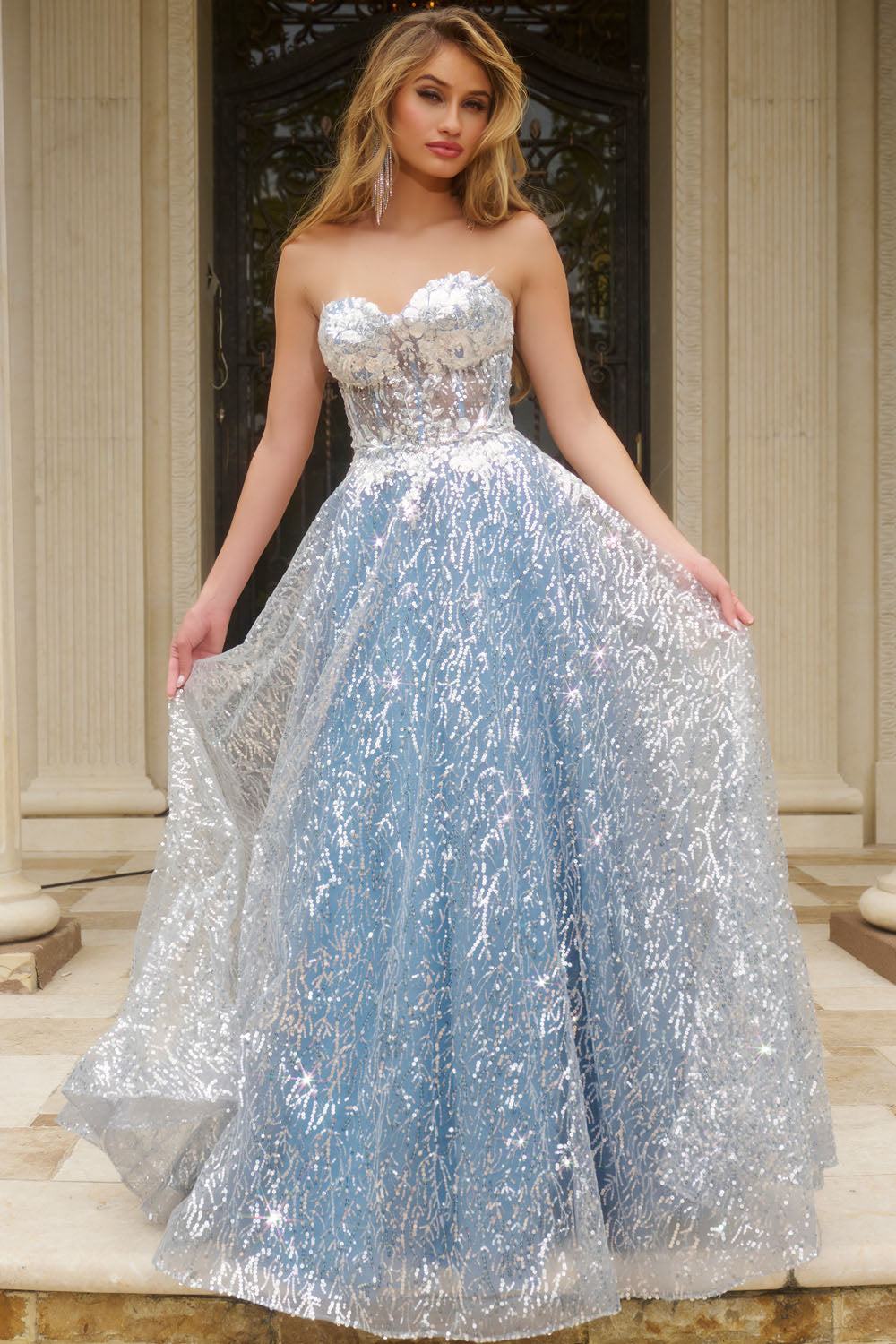 Jovani 8417 prom dress images.  Jovani 8417 is available in these colors: Slate, Ivory, Hot Pink, Light Blue, Emerald.