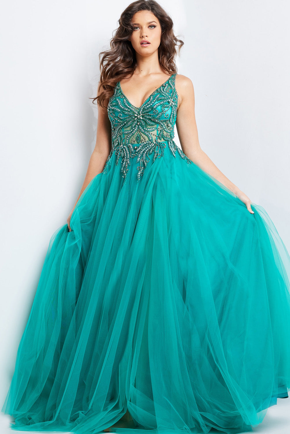 Jovani 23962 Emerald A-line prom dress with beaded bodice and flowing tulle skirt.