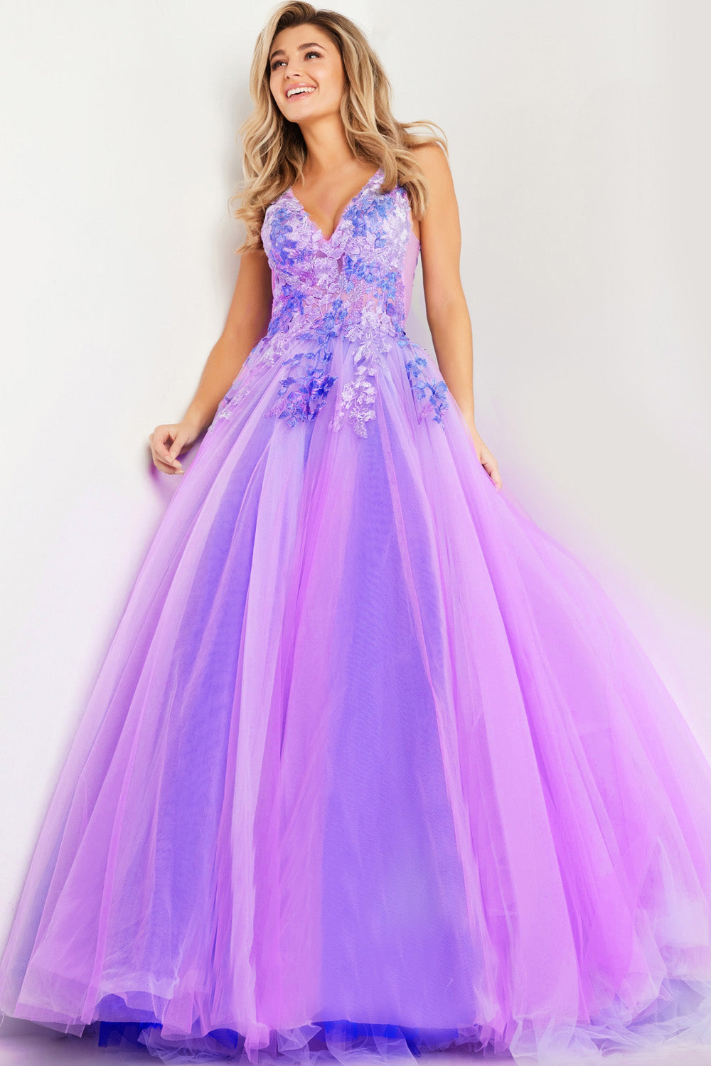 Jovani 24602 Lilac multi A-line prom dress with floral embellishments and a plunging neckline.