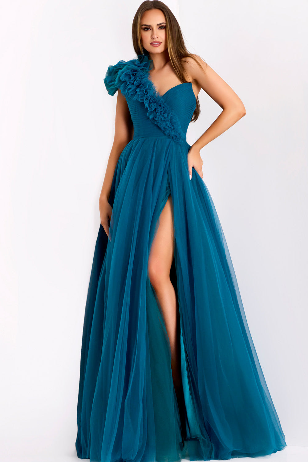 Jovani 25919 Teal prom dress with a fitted bodice and dramatic side slit.