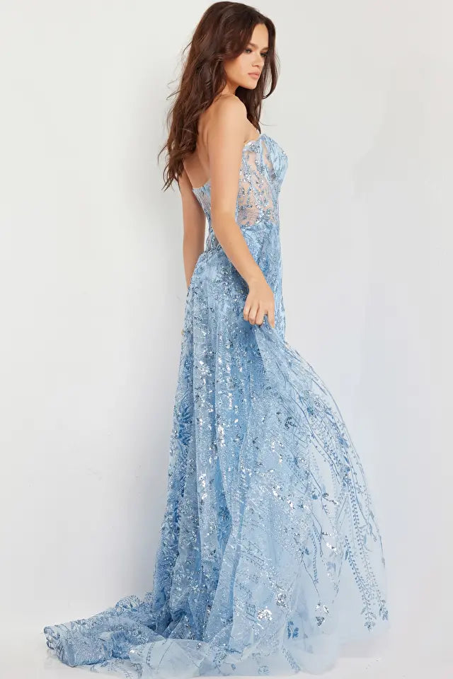 Jovani 26113 prom dresses come in the following colors: Gold and Light Blue.