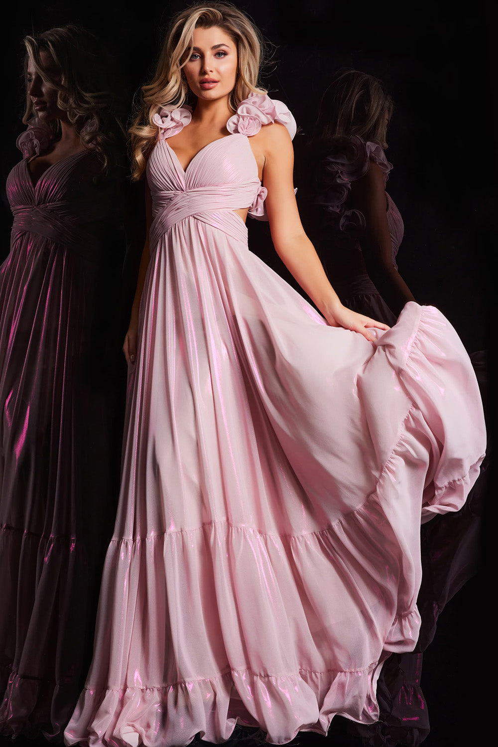 Jovani 26248 Light pink A-line prom dress with ruffled shoulder details and flowing skirt.