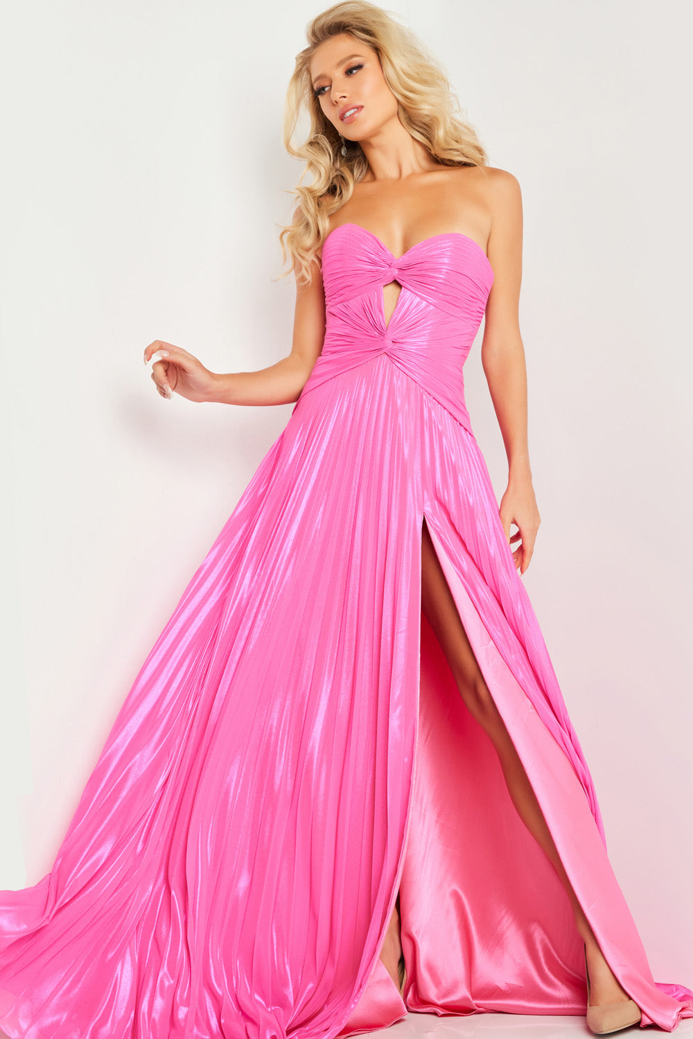 Jovani 36461 Hot pink prom dress with a mermaid silhouette and a thigh-high slit.