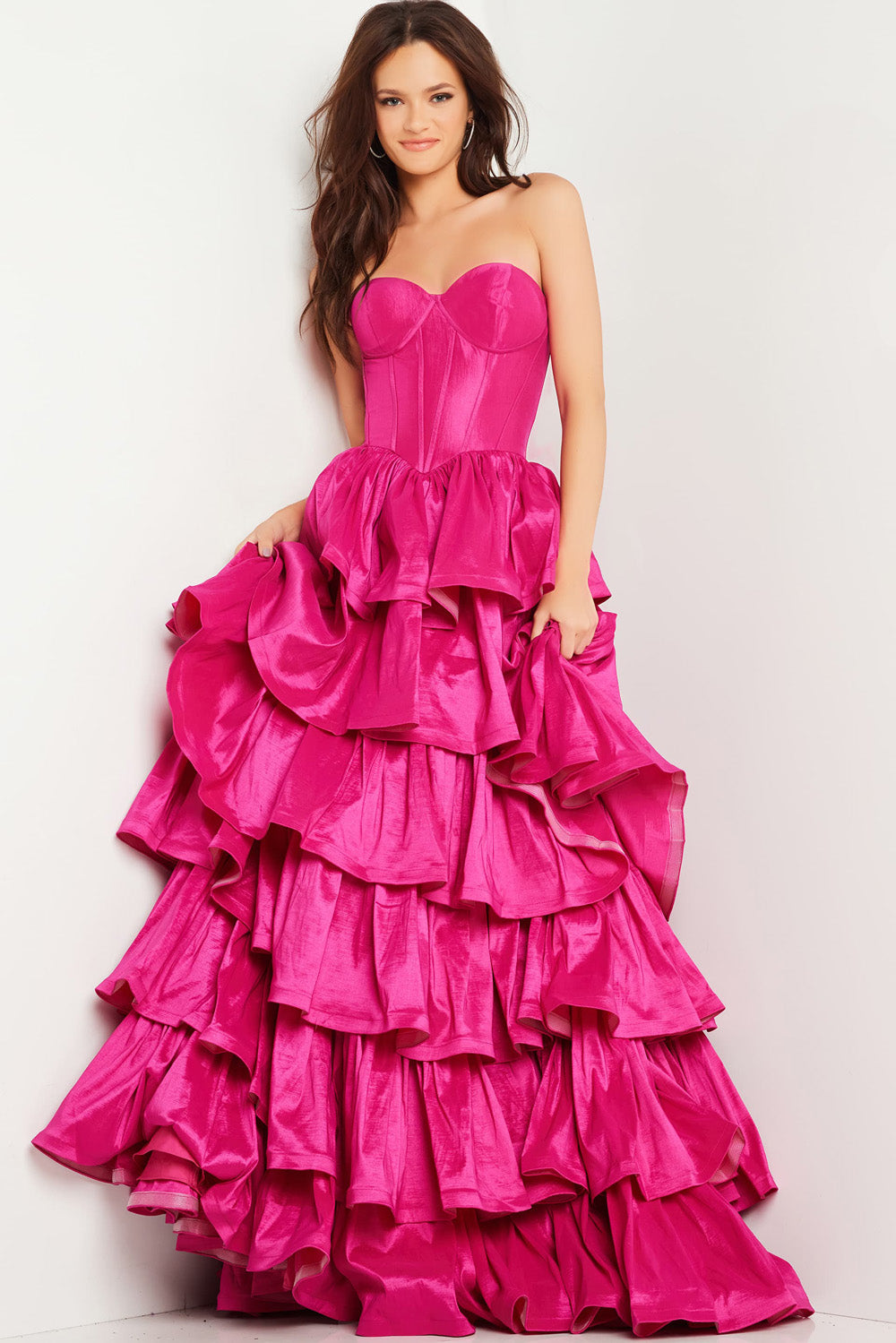 Jovani 36619 Fuchsia ballgown with layered ruffles and a strapless sweetheart neckline prom dress.