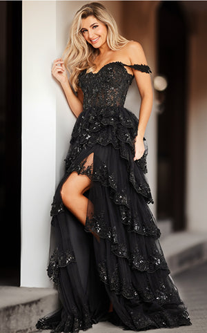 Jovani 36687 prom dresses come in the following colors: Black, Blush, Ivory, Light Blue, and Lilac.