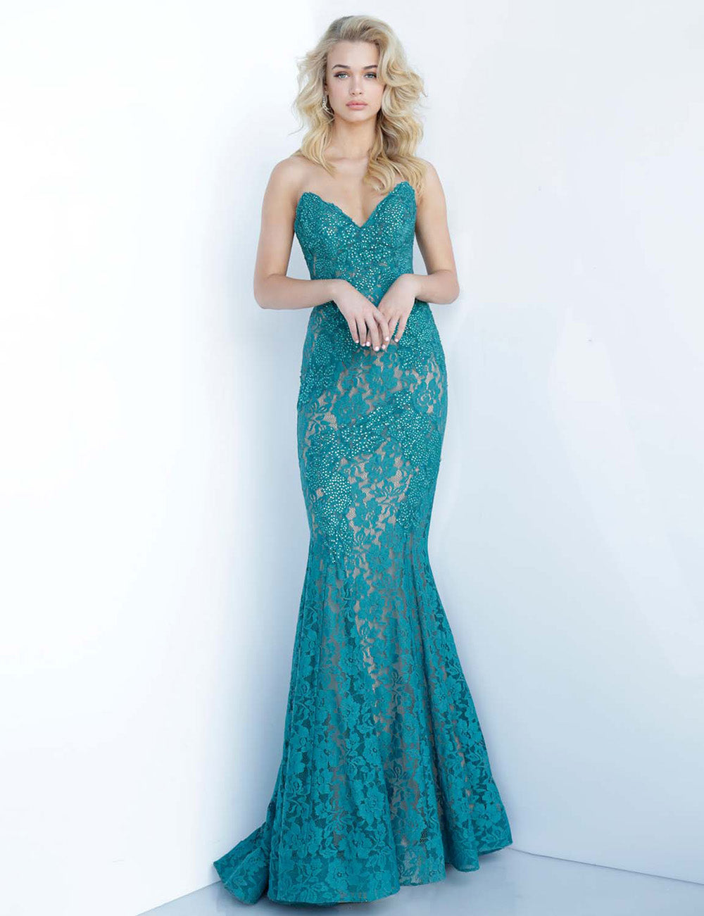 Jovani 37334 Teal mermaid prom dress with intricate lace and sparkling beading details.
