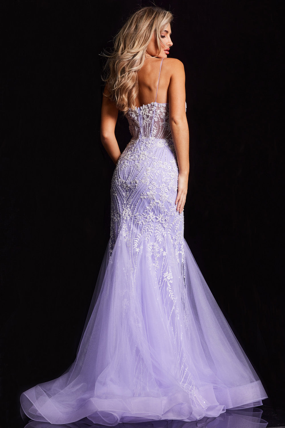 Jovani 37414 Lilac mermaid prom dress with intricate beading and a sheer lace-up back.