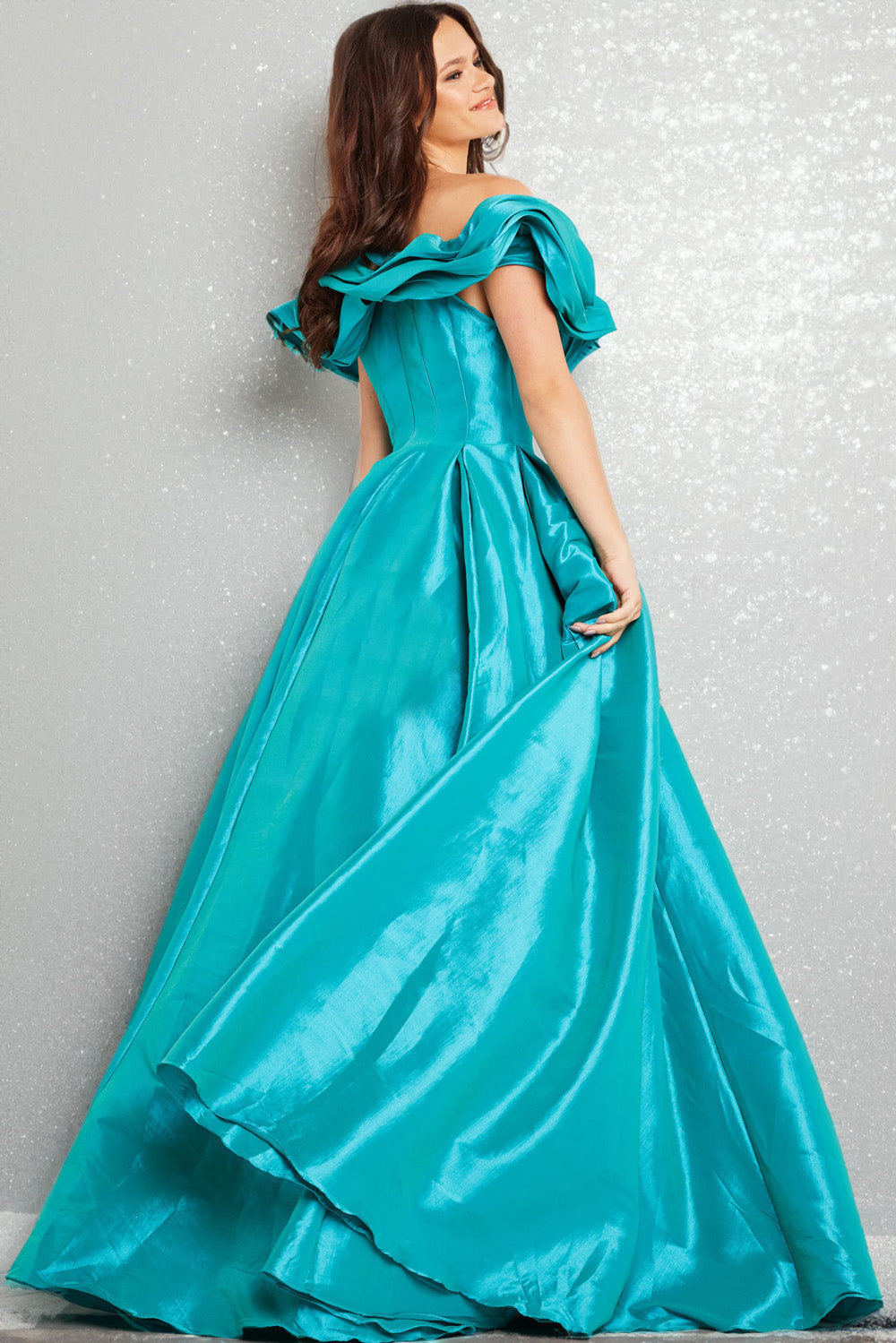 Jovani 37476 Aqua ballgown with ruffled off-shoulder sleeves and a flowing train prom dress.