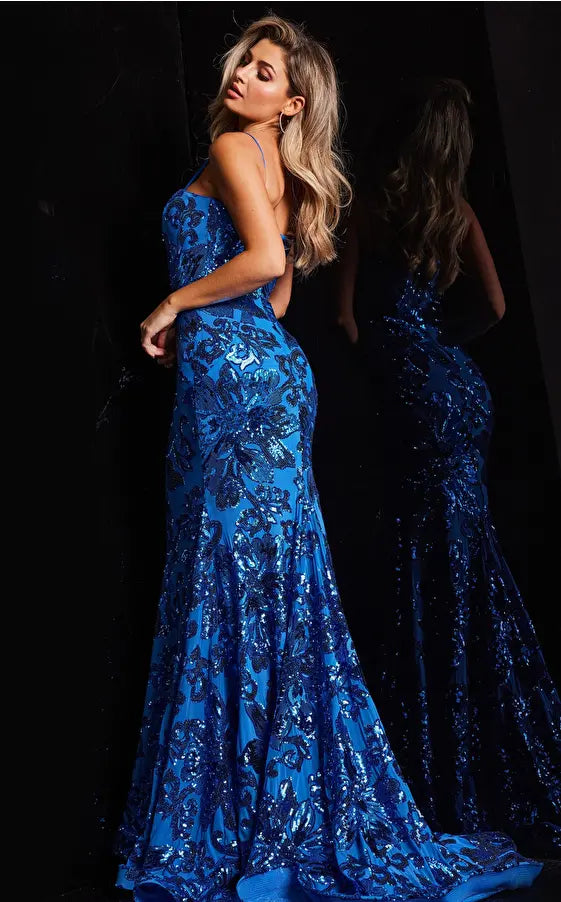 Jovani 37687 prom dresses come in the following colors: Blue Multi, Pink, Orange.