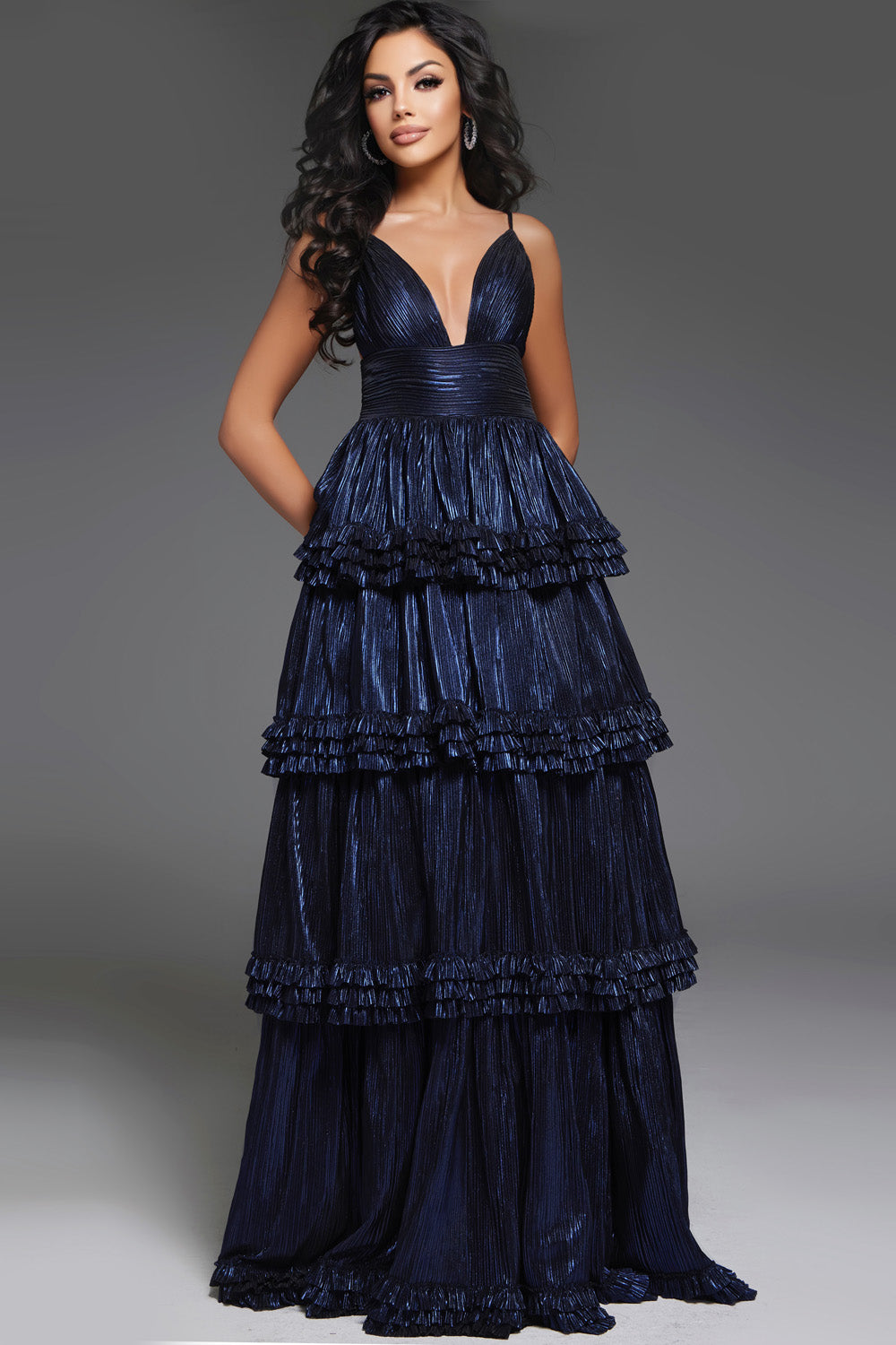 Jovani 38296 Navy tiered prom dress with a plunging neckline and ruffled layers.