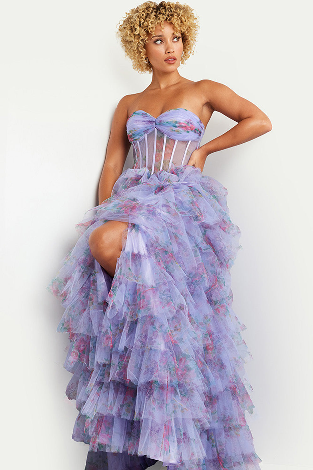 Jovani 39149 Lilac prom dress with a fitted bodice and ruffled skirt featuring a thigh-high slit.