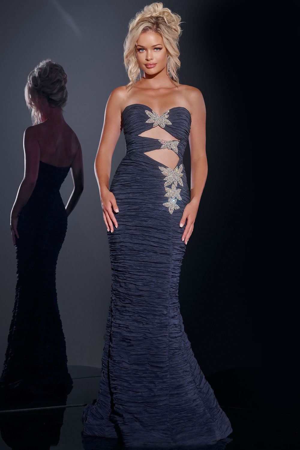 Jovani 40174 prom dress images. Jovani 40174 is available in these colors: Navy, Fuchsia, Light Blue, Yellow.