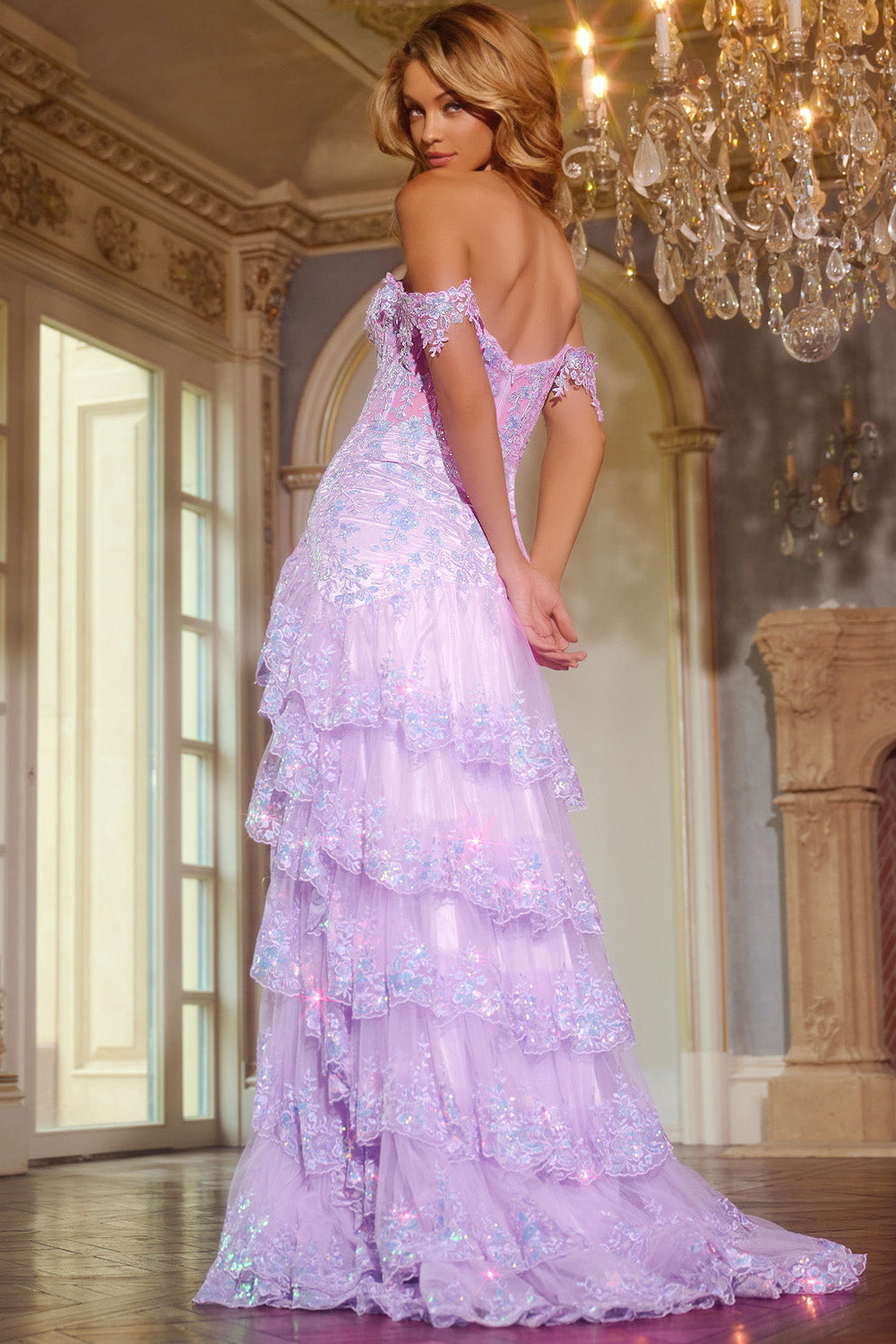 Jovani 40397 Lilac mermaid prom dress with layered ruffles and intricate beading, back view.