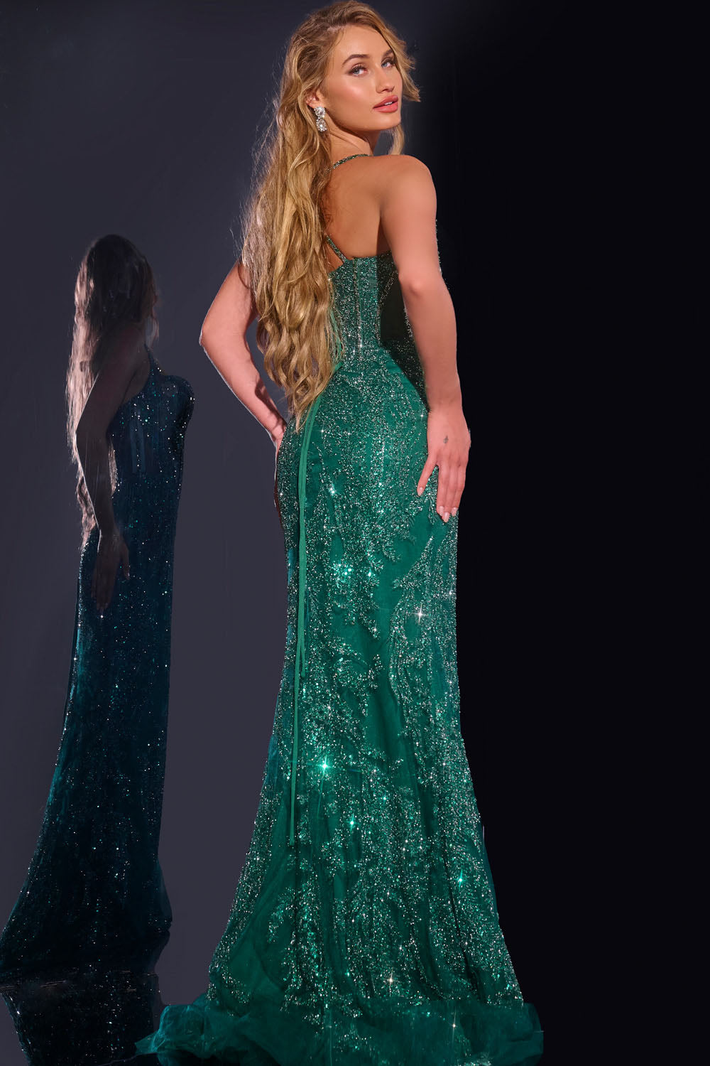 Jovani 40470 prom dress images. Jovani 40470 is available in these colors: Emerald, Silver Nude, Dark Blue.