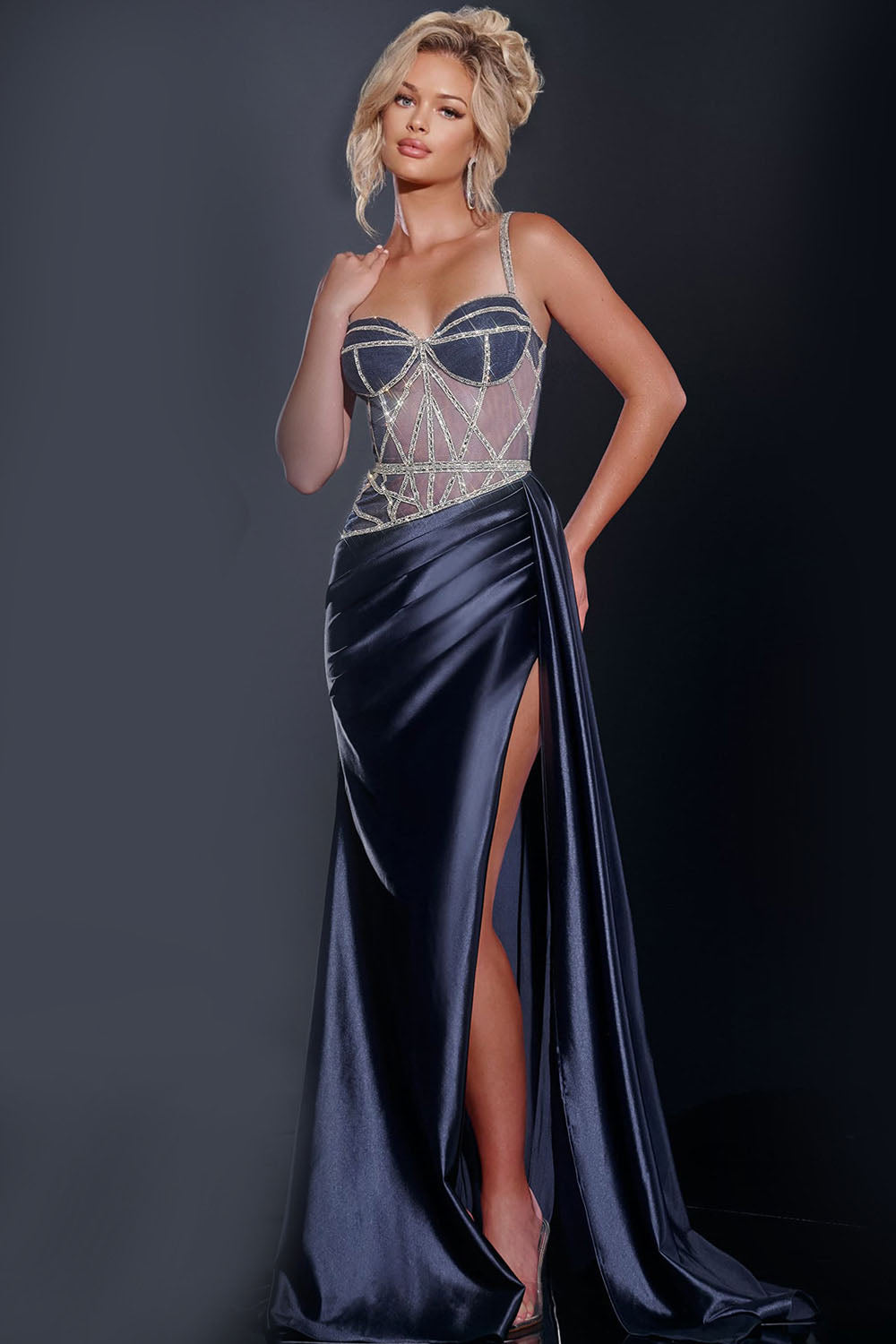 Jovani 40506 prom dress images. Jovani 40506 is available in these colors: Navy, Emerald, Off White, Black, Wine.
