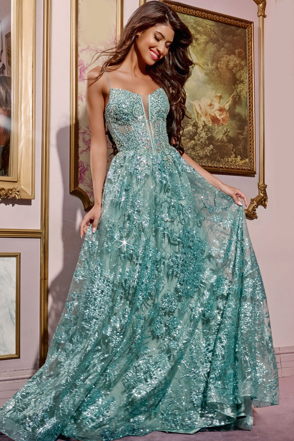 Jovani 42199 prom dress images. Jovani 42199 is available in these colors: Sage, Blue, Lilac, Navy.