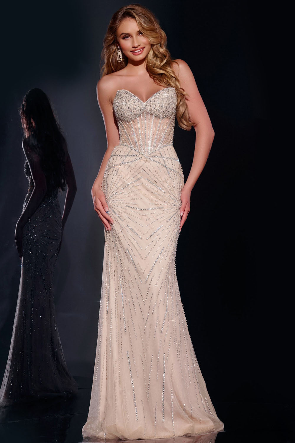 Jovani 42206 prom dress images. Jovani 42206 is available in these colors: Silver Nude.