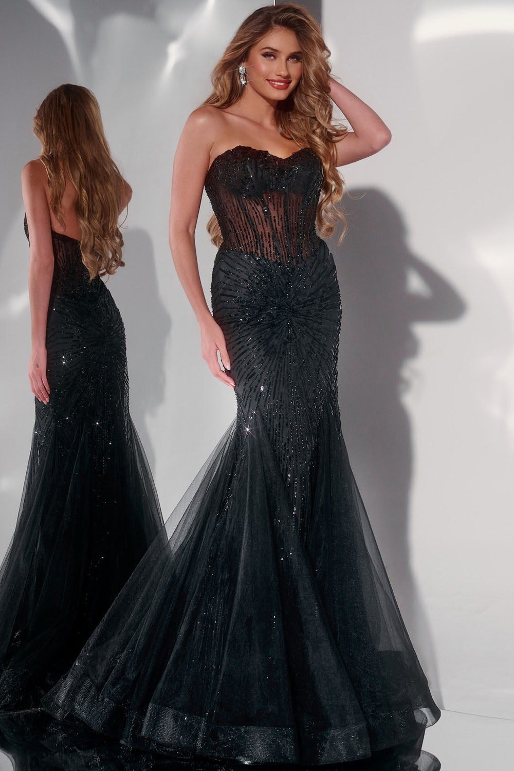 Jovani 42217 prom dress images. Jovani 42217 is available in these colors: Black, Nude Silver.