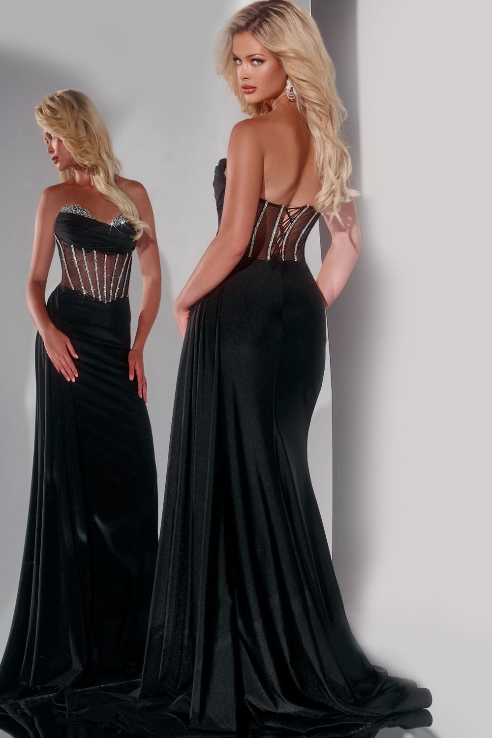 Jovani 42226 prom dress images. Jovani 42226 is available in these colors: Off White, Black, Light Pink, Dark Green.