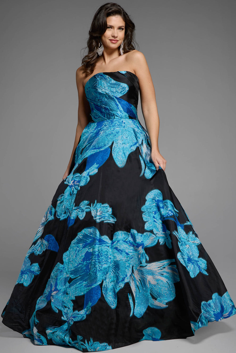 Jovani 42436 Blue and black floral ballgown with a strapless design, perfect for prom prom dress.
